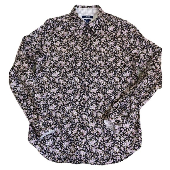 Chaps No Iron Button Down Shirt Black/Pink Ditsy Floral Contrasting Cuffs M - Picture 1 of 15